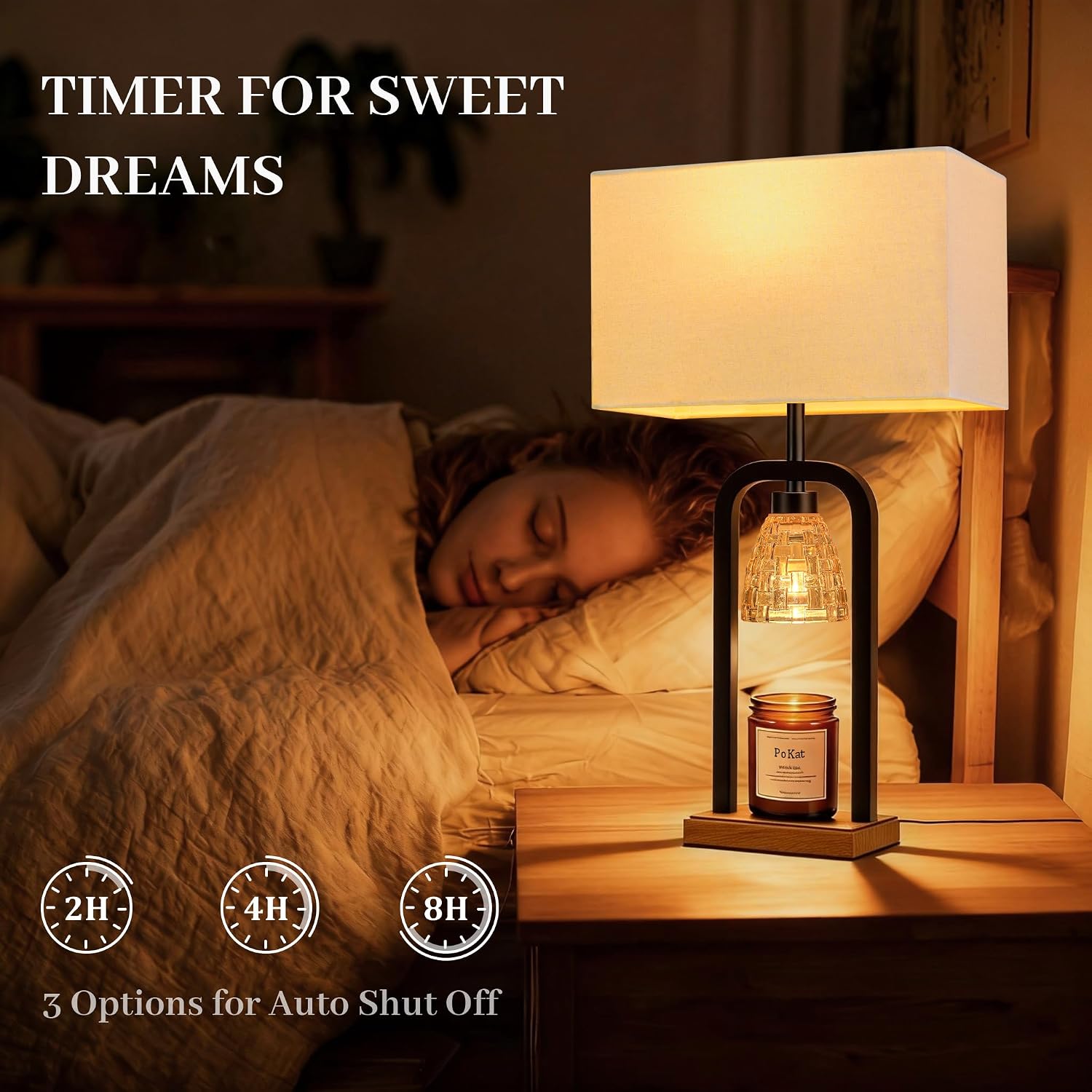 PoKat 21.5'' Lamp Candle Warmers Set of 2 Black, Farmhouse Candle Warming Lamps with Timer Dimmer & Wood-Like Base, Warmer Lamp Jar Candles, Table Lamps for Bedroom End Table Decor, Bulb Included