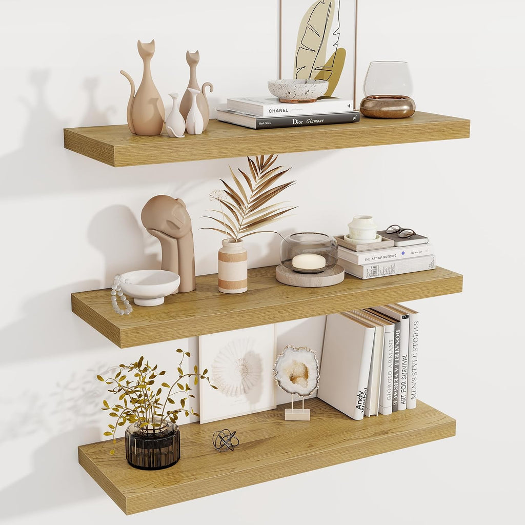 Fun Memories Deep Floating Shelves, 36' W x 12' D Wood Floating Shelves for Wall, 3 Pack Extra Deeper & Thicker Wall Mounted Storage Shelf for Living Room Laundry Room Kitchen Home Office, Oak