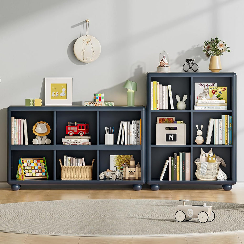 ONBRILL Kids Bookcase with 6 Cube Storage, Toy Storage Organizer with All-Rounded Design, Montessori Shlef with Sphere Foot, Kids Bookshelf for Playroom, Bedroom, Nursery, Classroom (Navy Blue)