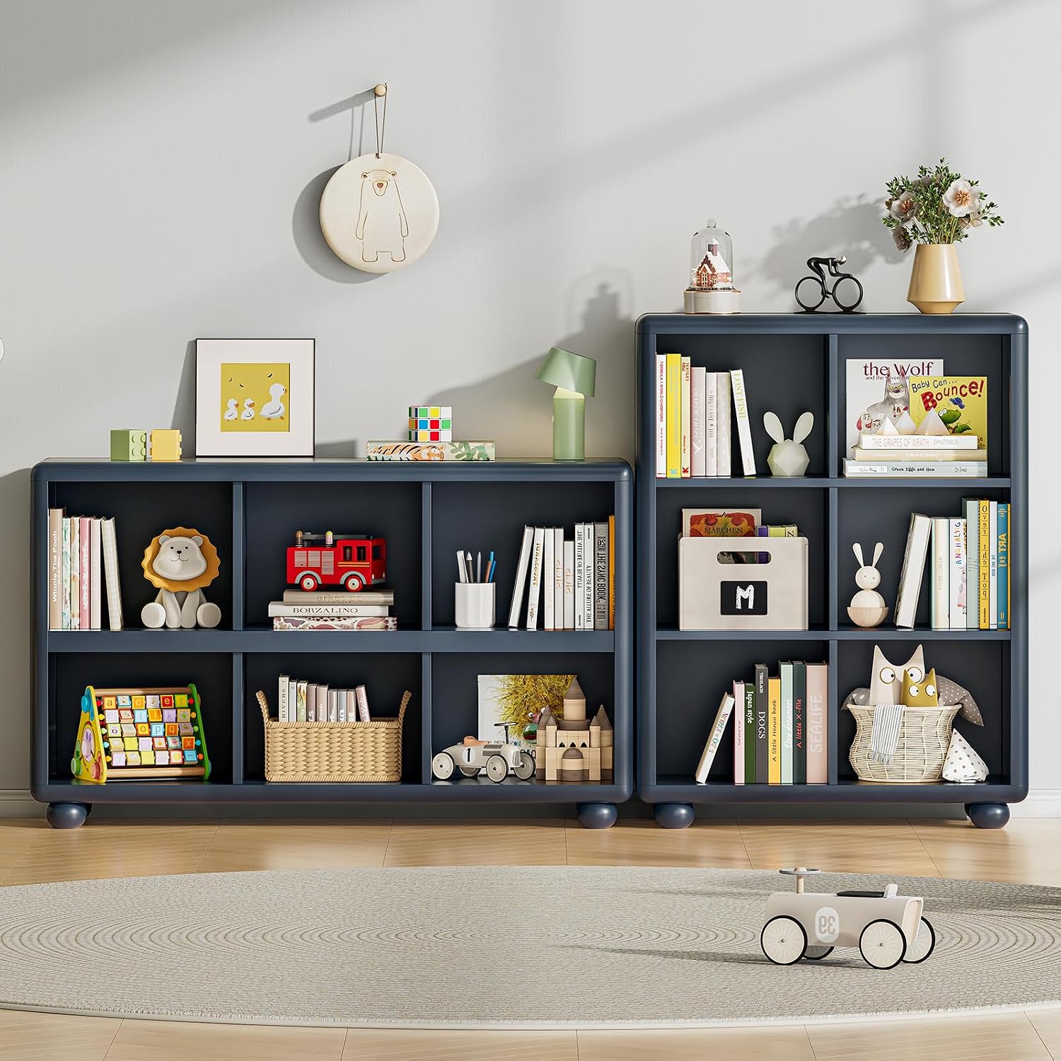 ONBRILL Kids Bookcase with 6 Cube Storage, Toy Storage Organizer with All-Rounded Design, Montessori Shlef with Sphere Foot, Kids Bookshelf for Playroom, Bedroom, Nursery, Classroom (Navy Blue)