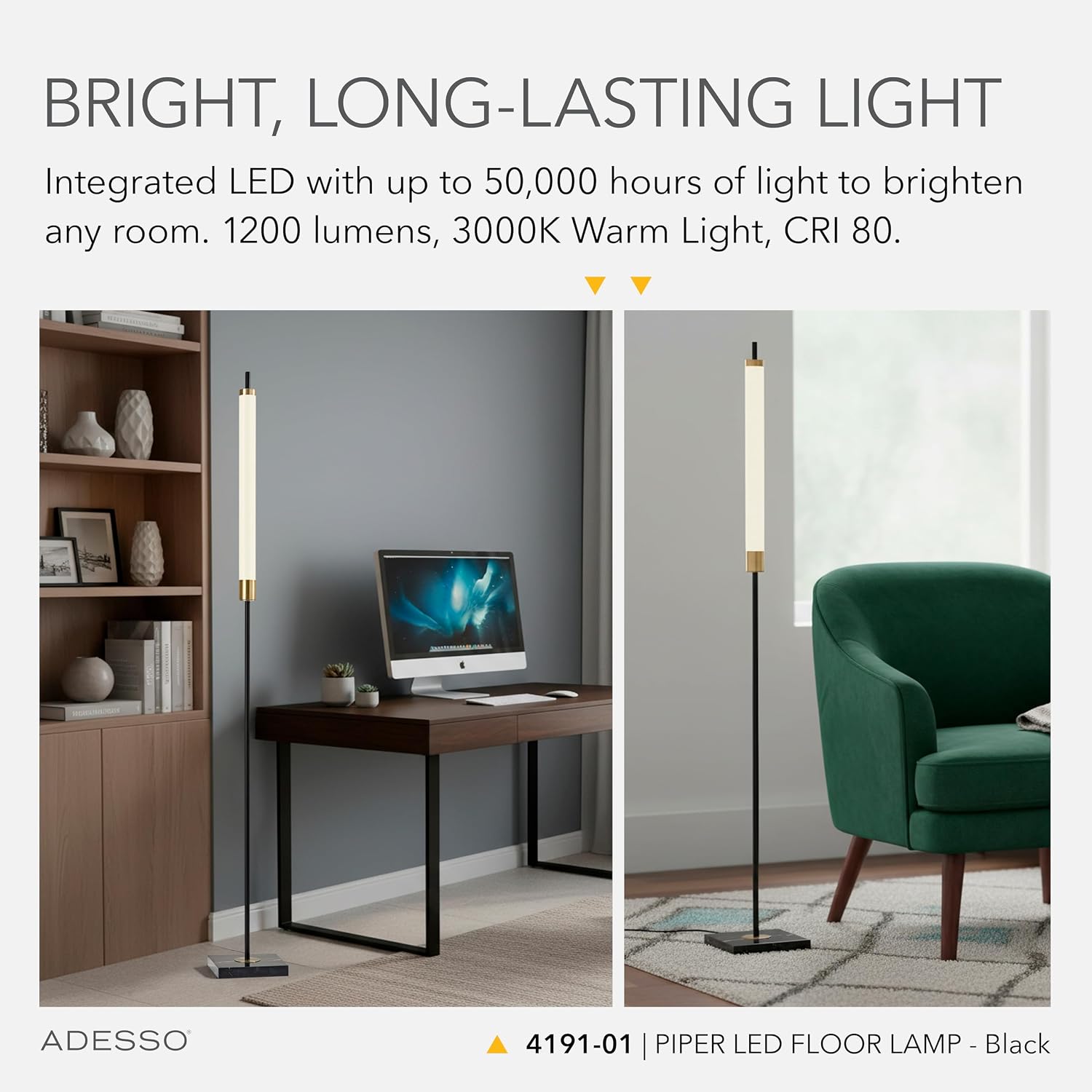 Adesso LED Floor Lamp – Black with Antique Brass and Frosted Shade, 4-Way Brightness, 12W Integrated LED Accent Light for Living Room, Bedroom, and Home Office, 72' Tall