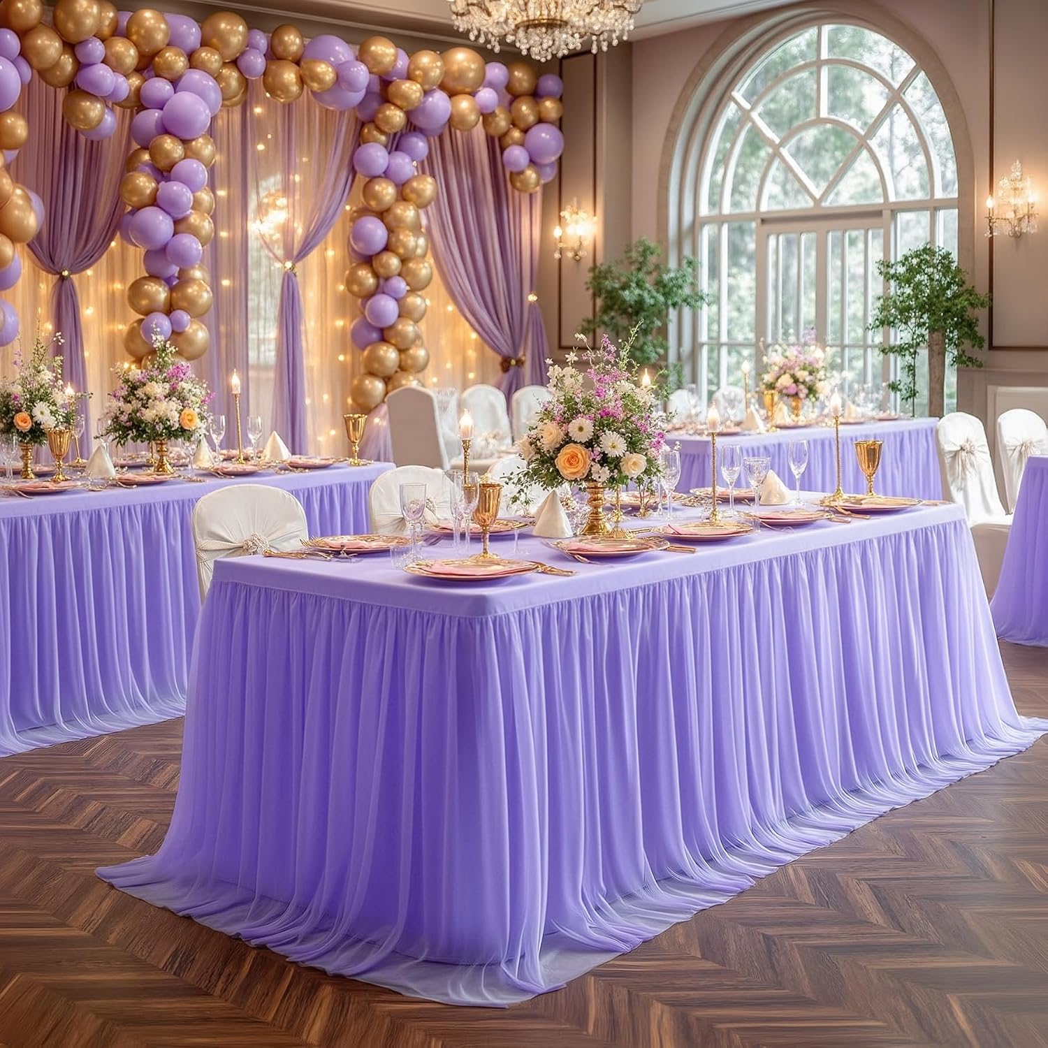 6 Pack Lavender Tulle Tablecloths with Skirt for 6 Foot Rectangle Tables Party Ruffle Tutu Tablecloth 6FT Stretch Fitted Table Cover for Wedding Reception Birthday Baby Shower Celebration Banquet