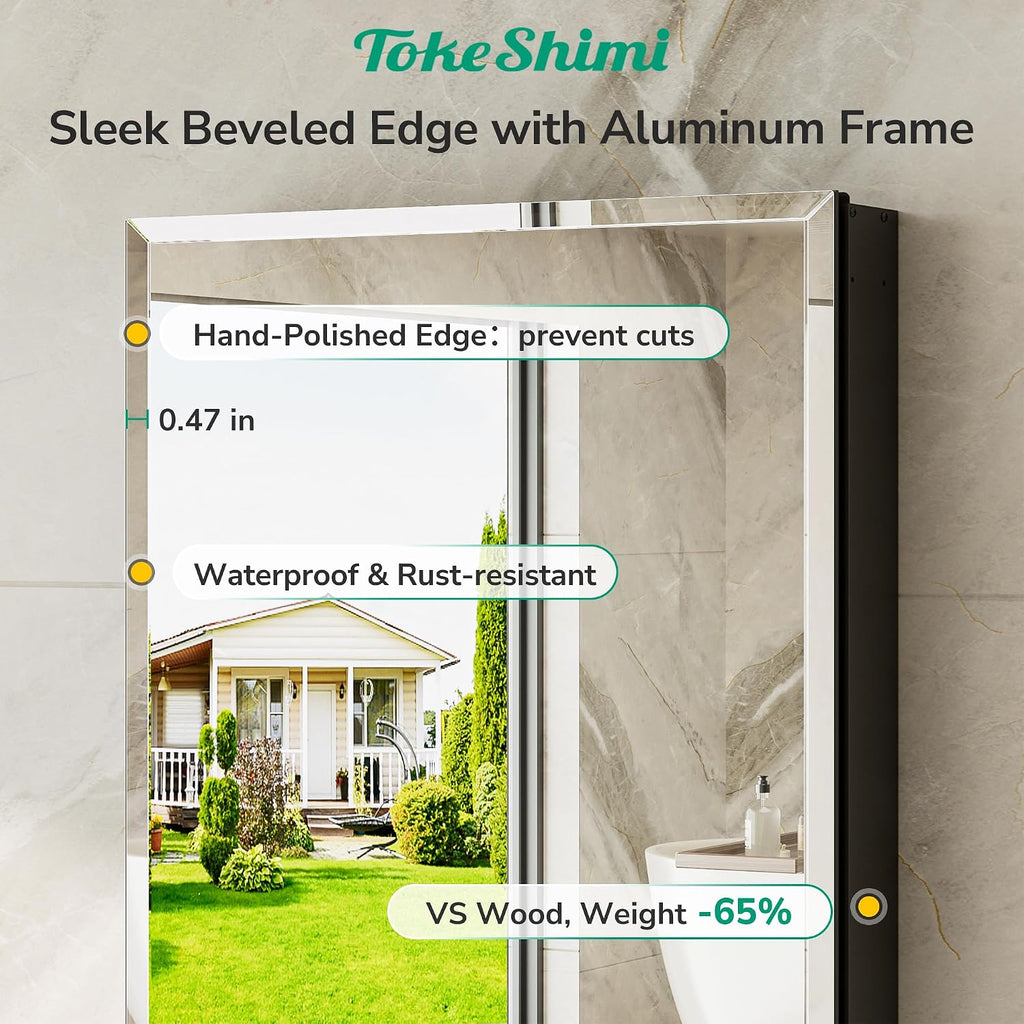 TokeShimi 14 x 24 Medicine Cabinet with Mirror, Assembly Required, Black Recessed Bathroom Medicine Cabinet with Tempered Beveled Mirror, Stepless Adjustable Shelves, DTC Hinge