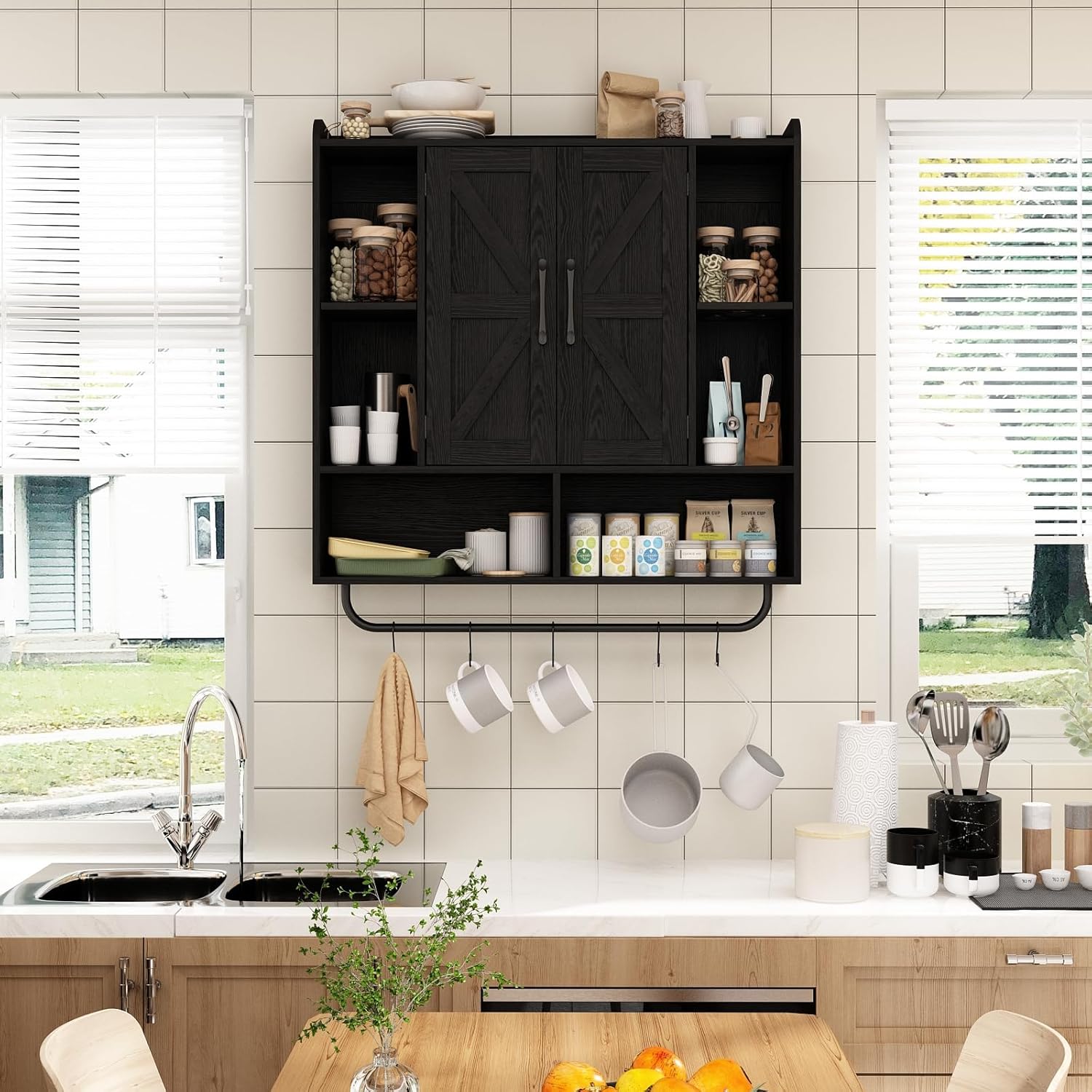 RUSTOWN Rustic Wood Wall Bathroom Cabinet, Farmhouse Medicine Cabinet Wall Mounted, Space Saving Wall Storage Cabinet with 2 Barn Door, 3-Tier Adjustable Shelves and Towel Bar (Black)