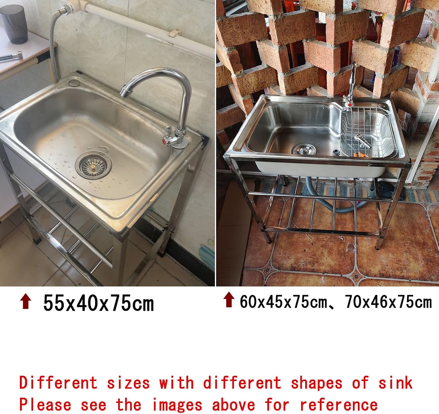 Single Bowl Sink Free Standing - Stainless-Steel Commercial Restaurant Kitchen Sink - Utility Sink for Laundry Room Bathroom Farmhouse - Portable Outdoor Si(55x40x75cm