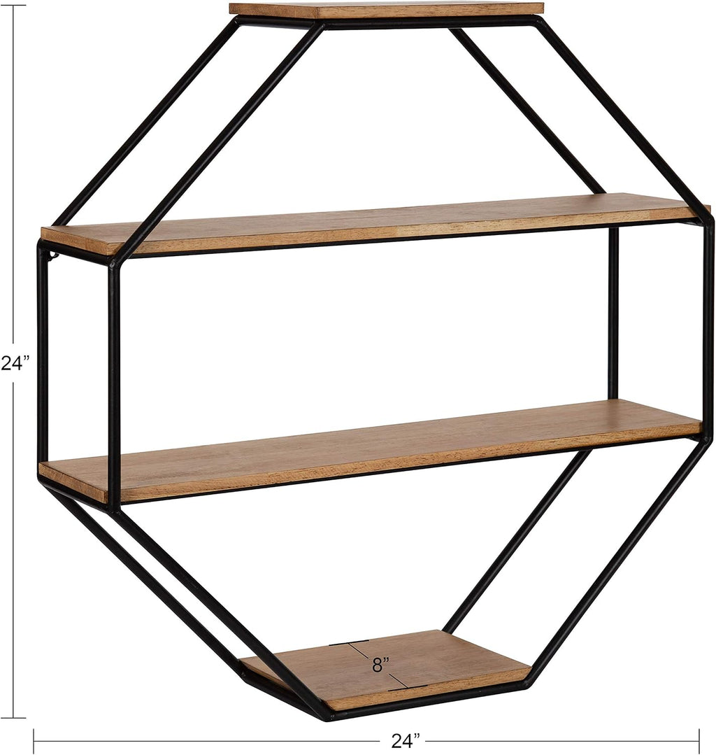 Kate and Laurel Lintz Farmhouse Octagon Wall Shelf, 24 x 24, Rustic Brown and Black, Modern 4-Tier Geometric Shelves for Wall