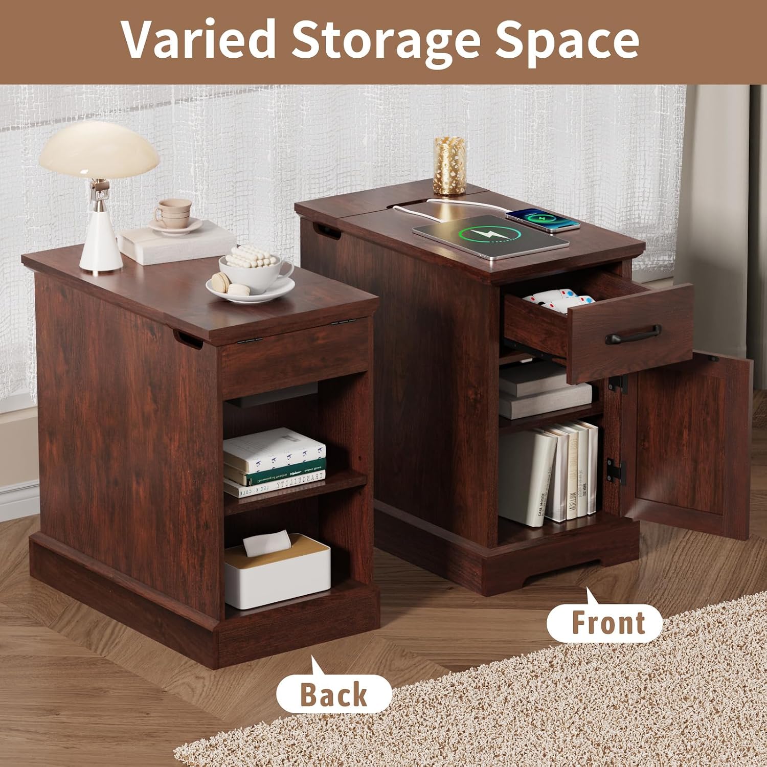 HOMMPA Farmhouse End Table with Charging Station Set of 2, 23.6'' Narrow Side Table with Barn Door Roman Column Design, Rustic Wood Sofa Side Table with Drawer & Cabinet for Living Room, Maroon Brown