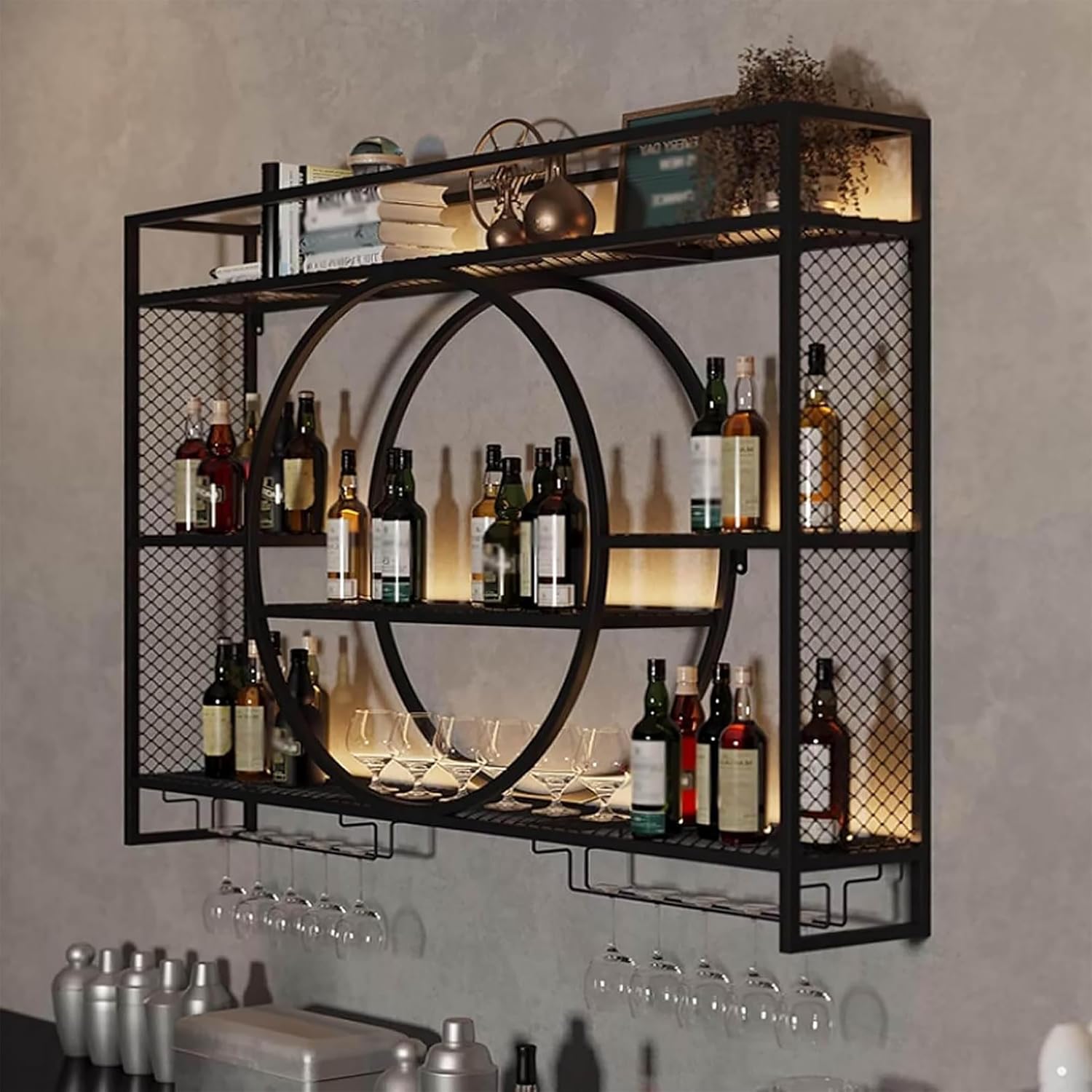 Liquor Bottles Bar Shelves Wall Mounted with LED Lighting Glass Holder, Wine Rack 3-Tiers Display Storage Organizer Hanging Long Stemware Goblet Metal for Home Cellar Black 47in