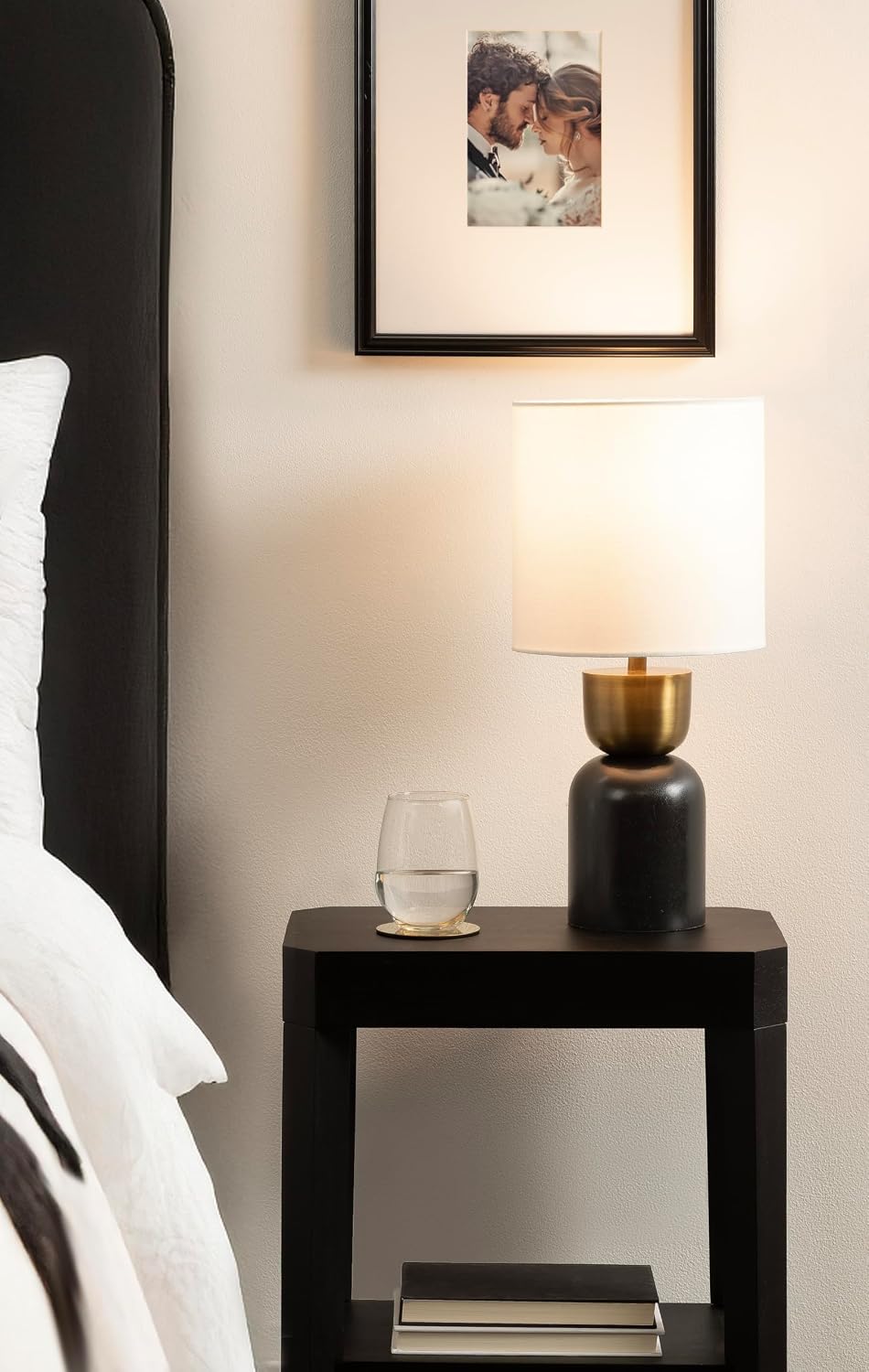 Kate and Laurel Marley Modern Mango Wood and Metal Bedside Table Lamp, 8 x 8 x 17, Antique Brass and Black, Decorative Sculpted Hourglass Tabletop Desk Lamp with Linen Shade for Living Room Decor
