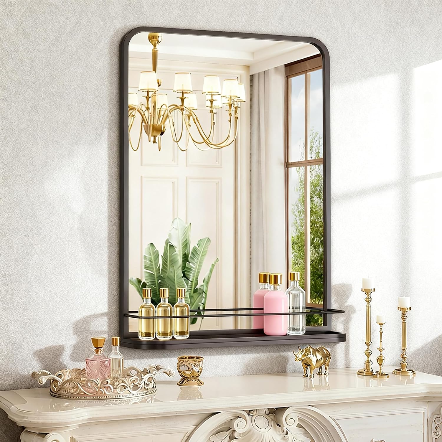 Bathroom Mirror with Shelf for Shaving,19.7x29.9 Inch Wall-Mounted Rectangle Metal Mirror with Storage, Matte Black Vanity Mirror with Rounded Corners for Over Sink, Decor(Black/19.7x29.9 in)