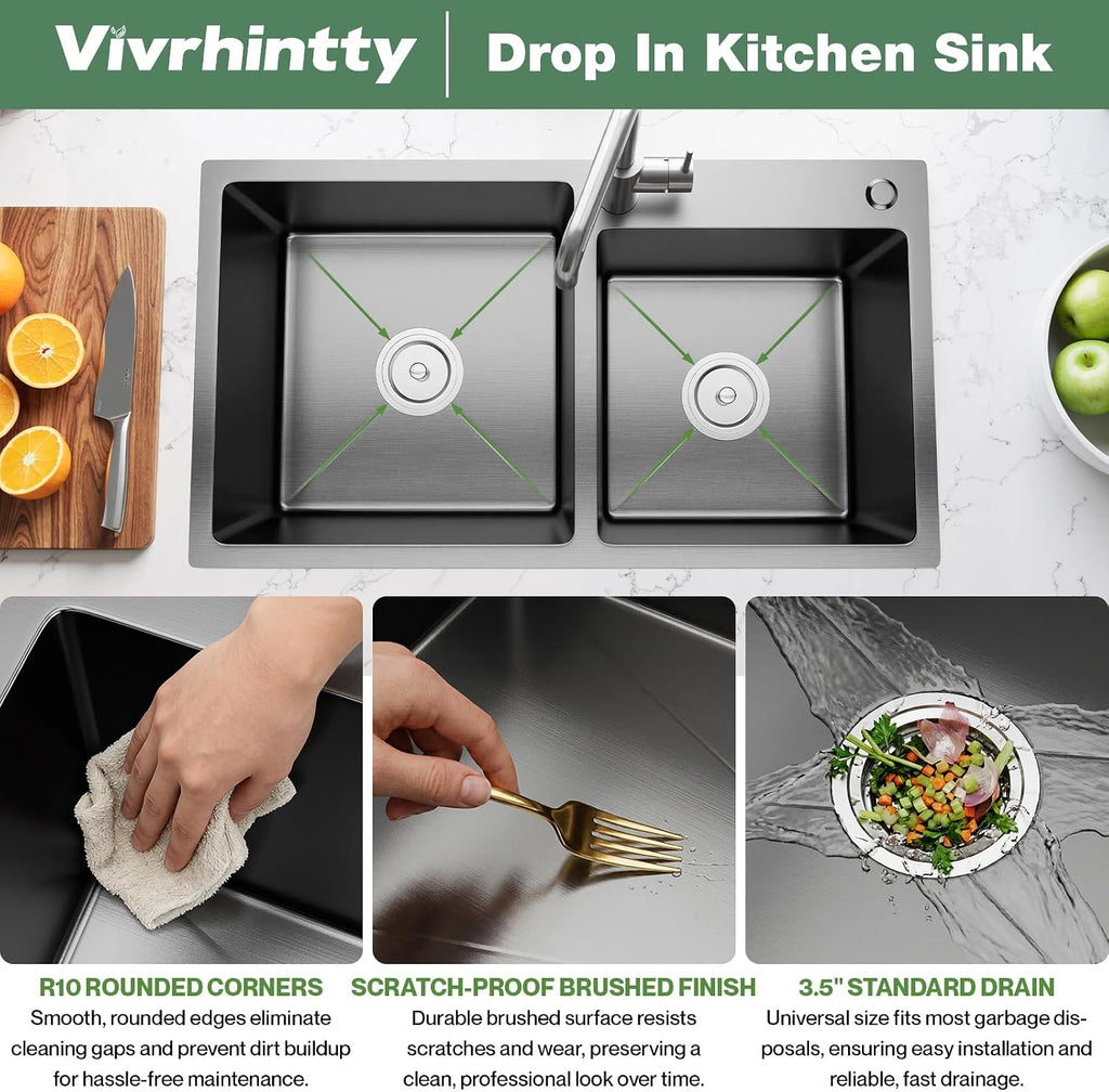 30-inch Black Kitchen Sink, Double Bowl Drop-in/Top-Mount 304 Stainless Steel with Nano Coating, Includes Drain Assembly & Fruit Basket for Modern Kitchen (30.7' x 16.9')