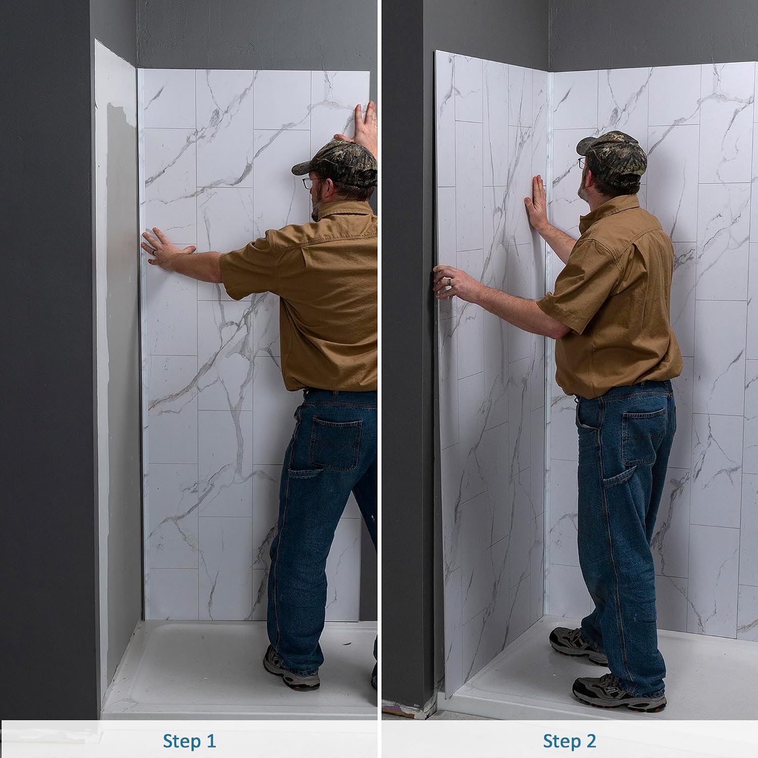 Palisade Vinyl Corner Shower Surround Kit 78in x 36in x 36in Louvre Granite | Waterproof PVC wall panels, grout-free design, bathroom renovation, coordinating trim, shelves, adhesive and sealant included