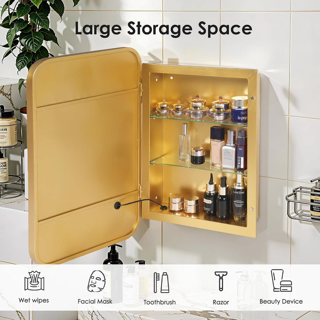 soges LED Medicine Cabinet Lighted Bathroom Mirror, Bathroom Vanity Mirror with 2 Storage Shelves, 24'x 16' Recessed Medicine Cabinet, Wall Mounted Deep Metal Framed Rounded Corner, Gold