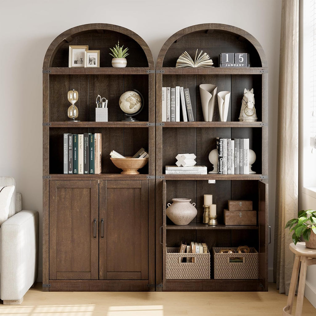 GarveeHome Bookcase with Doors Arched Bookshelf 71.65in Tall Bookcase Farmhouse Cabinet with Shelves Wooden Bookshelves for Home Office, Living Room (Reddish-Brown)