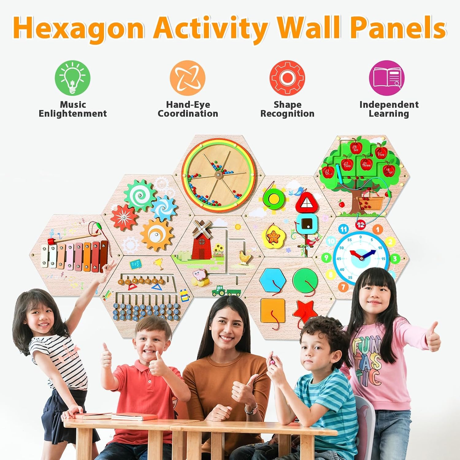 9Pcs Hexagon Activity Wall Busy Board Panels, Wooden Sensory Wall Panel for Kids, Montessori Learning Activity Center, Educational Toys for Toddler Playroom Daycare Nursery Classroom Birthday Gifts