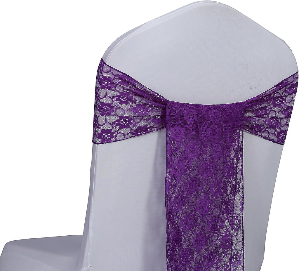 MDS® Pack of 200 Lace Chair Sashes for Weddings, Decorative Floral Lace Chair Bows Bands for Banquet, Reception, Anniversary, Bridal Shower, Birthday, Party, Ceremony & Event Décor - Cadbury Purple