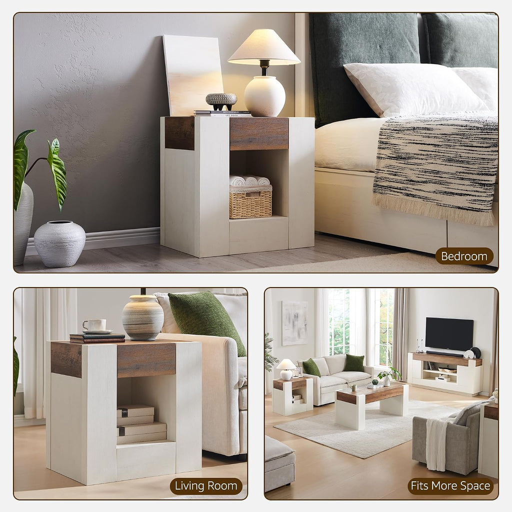 OKD Modern Nightstand with Charging Station, 24' Large Bedside Table, Rustic End Table with Drawers & Open Shelf for Bedroom/Living Room, Night Stand Wood Thick Design,Antique White