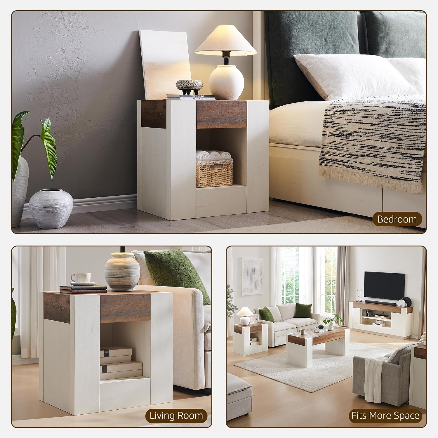 OKD Modern Nightstand with Charging Station, 24' Large Bedside Table, Rustic End Table with Drawers & Open Shelf for Bedroom/Living Room, Night Stand Wood Thick Design,Antique White