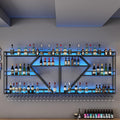 Wine Rack Wall Mounted Bar Shelves with Hanging Wine Glass Holder Rack and LED Light Liquor Bottle Display Shelf Floating Bar Shelves Whiskey Shelf Kitchen Wall Cabinet for Home Bar Cafe Dining Room (