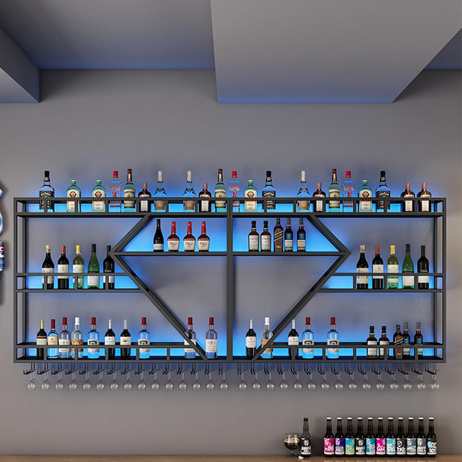 Wine Rack Wall Mounted Bar Shelves with Hanging Wine Glass Holder Rack and LED Light Liquor Bottle Display Shelf Floating Bar Shelves Whiskey Shelf Kitchen Wall Cabinet for Home Bar Cafe Dining Room (