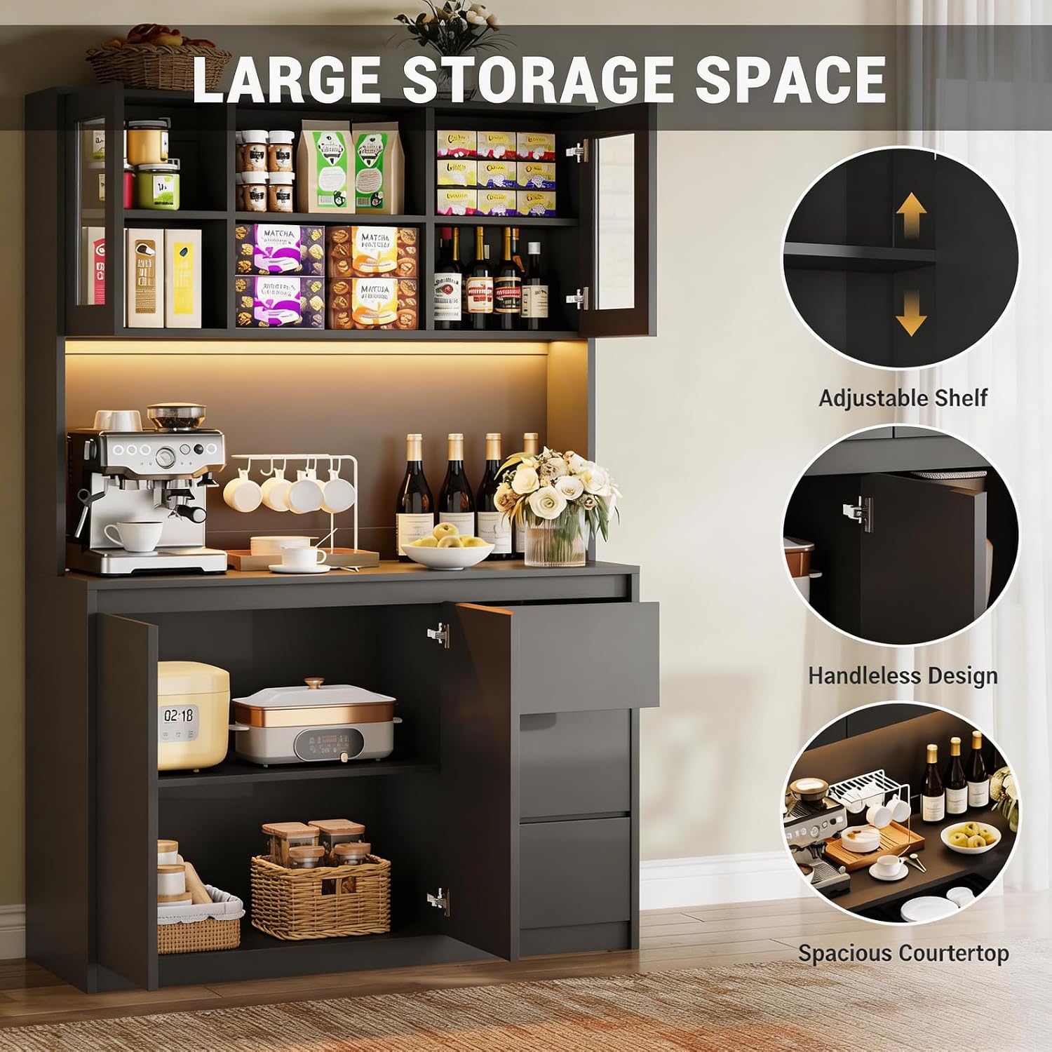71' Kitchen Pantry Cabinet,Tall Storage Cabinet with Doors & Shelves Adjustable, Kitchen Storage Hutch with Microwave Shelf,Coffee Bar,Led Lights&Charging Station,Corner Pantry Cabinet for Living Room