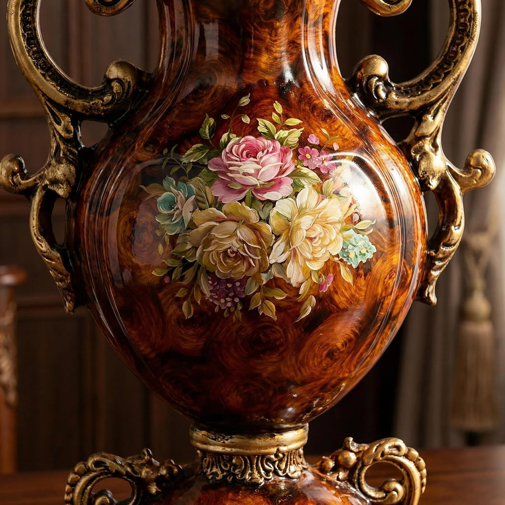 Artificial Flowers in Vase - Vintage Home Decor with Floral Arrangement, Luxury Indoor Table Centerpiece for Living Room, Wedding Party Decoration (European Wood Grain Style)