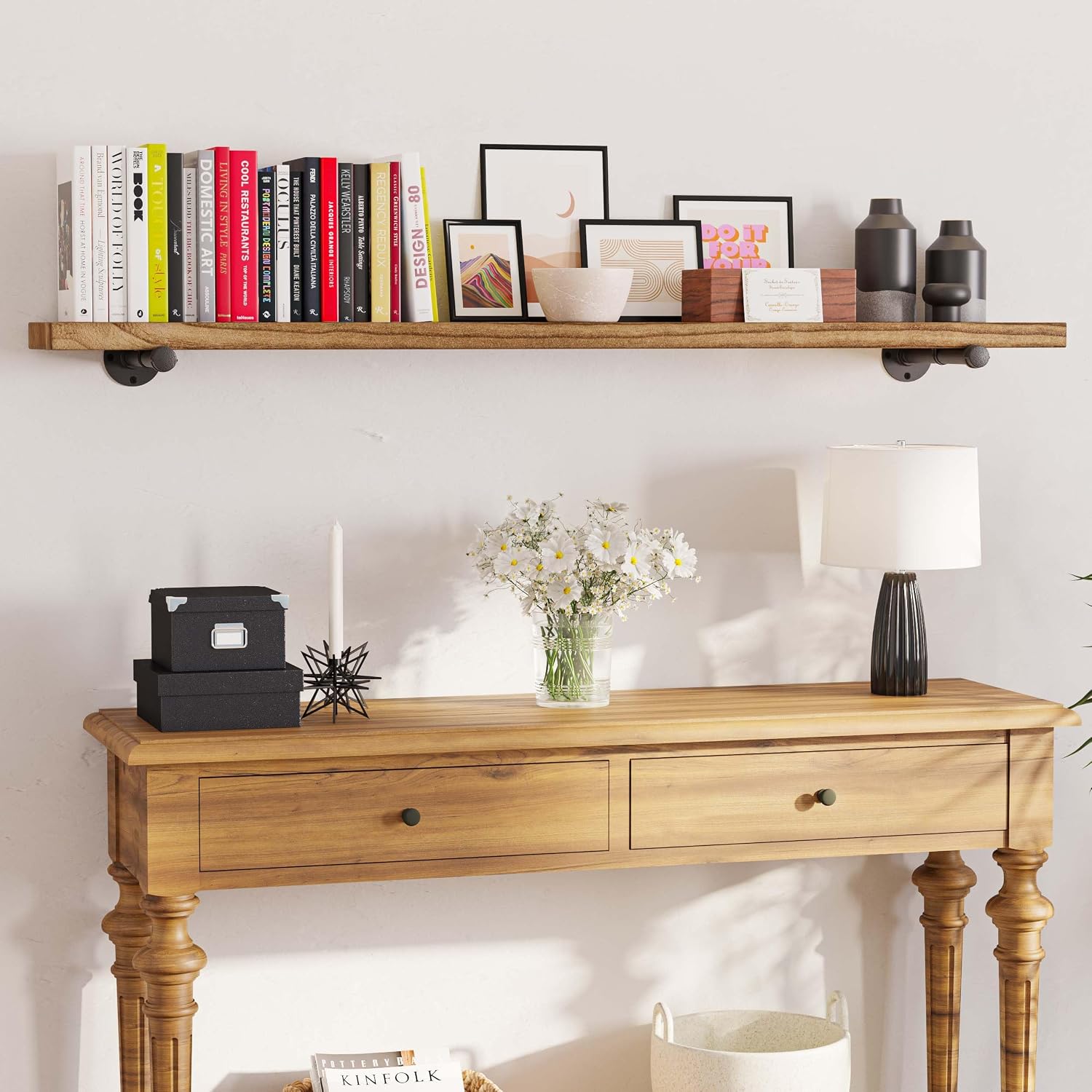 Wallniture Burnt Finish Pipe Wall Shelf - 9.25'' Deep, 1.5'' Thick Solid Wood, Lengths: 48', 60', 72', 84' - Includes Pipe Brackets (60'')