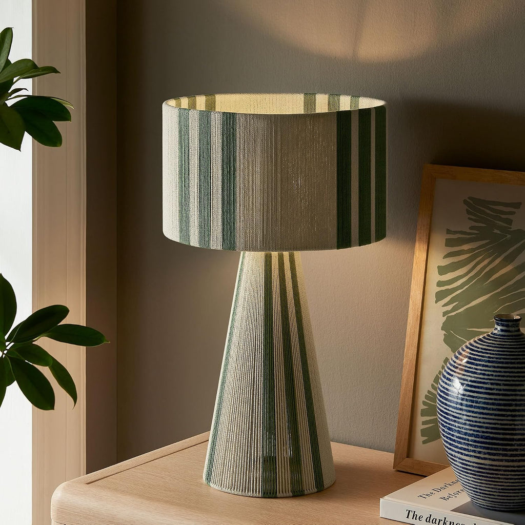 Modway Gia Vintage Modern Cotton Thread Table Lamp in Basil Green - Unique Retro Boho Accent Lamp with Metal Base and Repeating Stripes Design