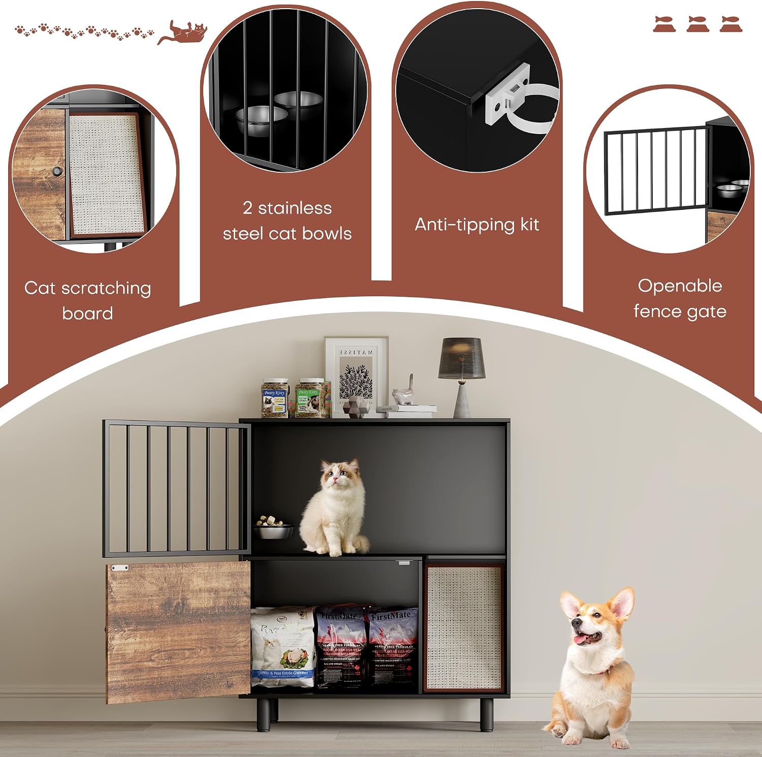 Dog Proof Cat Feeding Station, Cat Feeding Station Furniture with Storage and Cats Scratching Board, 2 Raised Pet Food and Water Bowl for Indoor Cats, Large Pet Cabinet