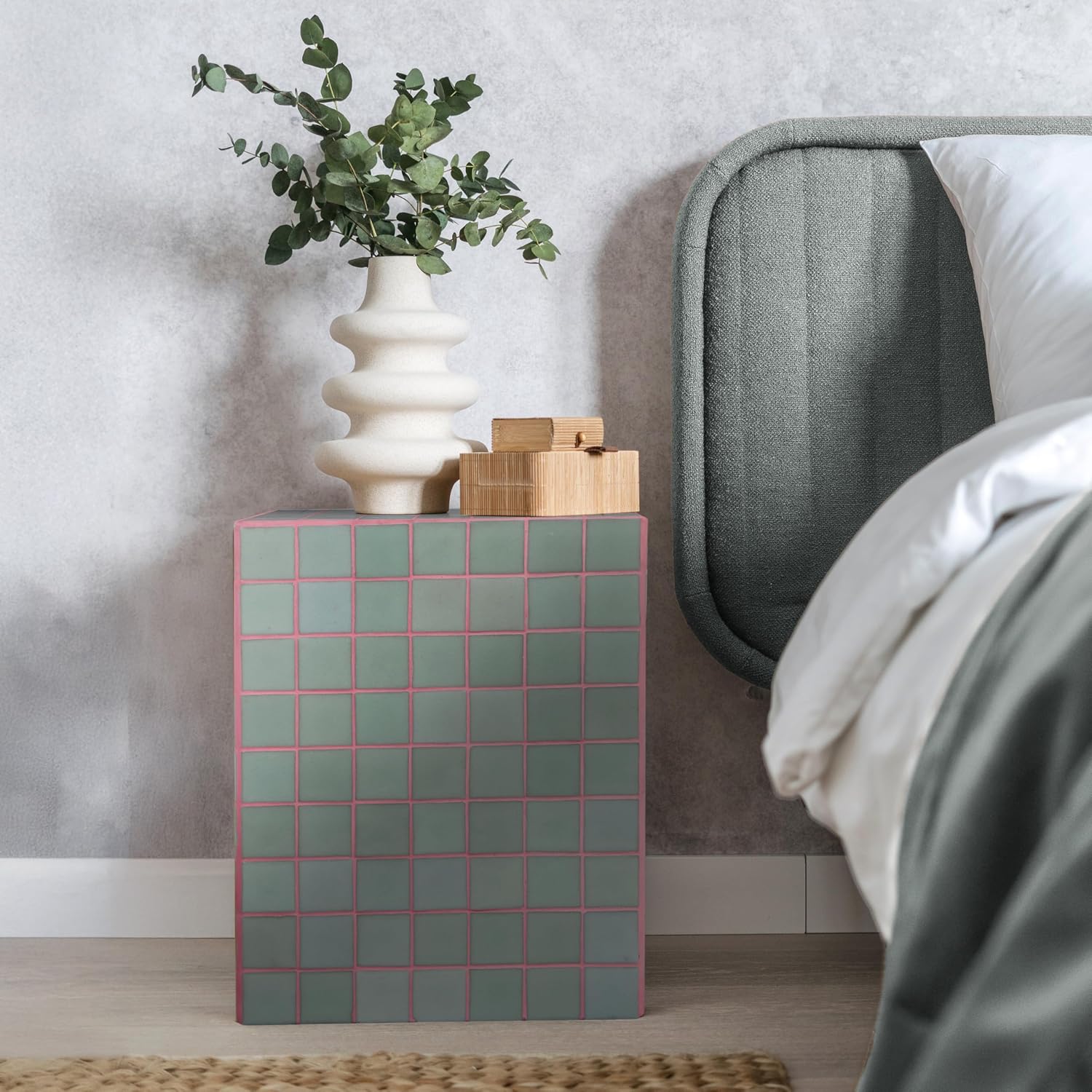 JONATHAN Y END2000F Callista 18' Modern Bohemian Ceramic Tiled Rectangle End Table, Side Table, Accent Table for Living Room, Bedroom, Sage Gray/Pink