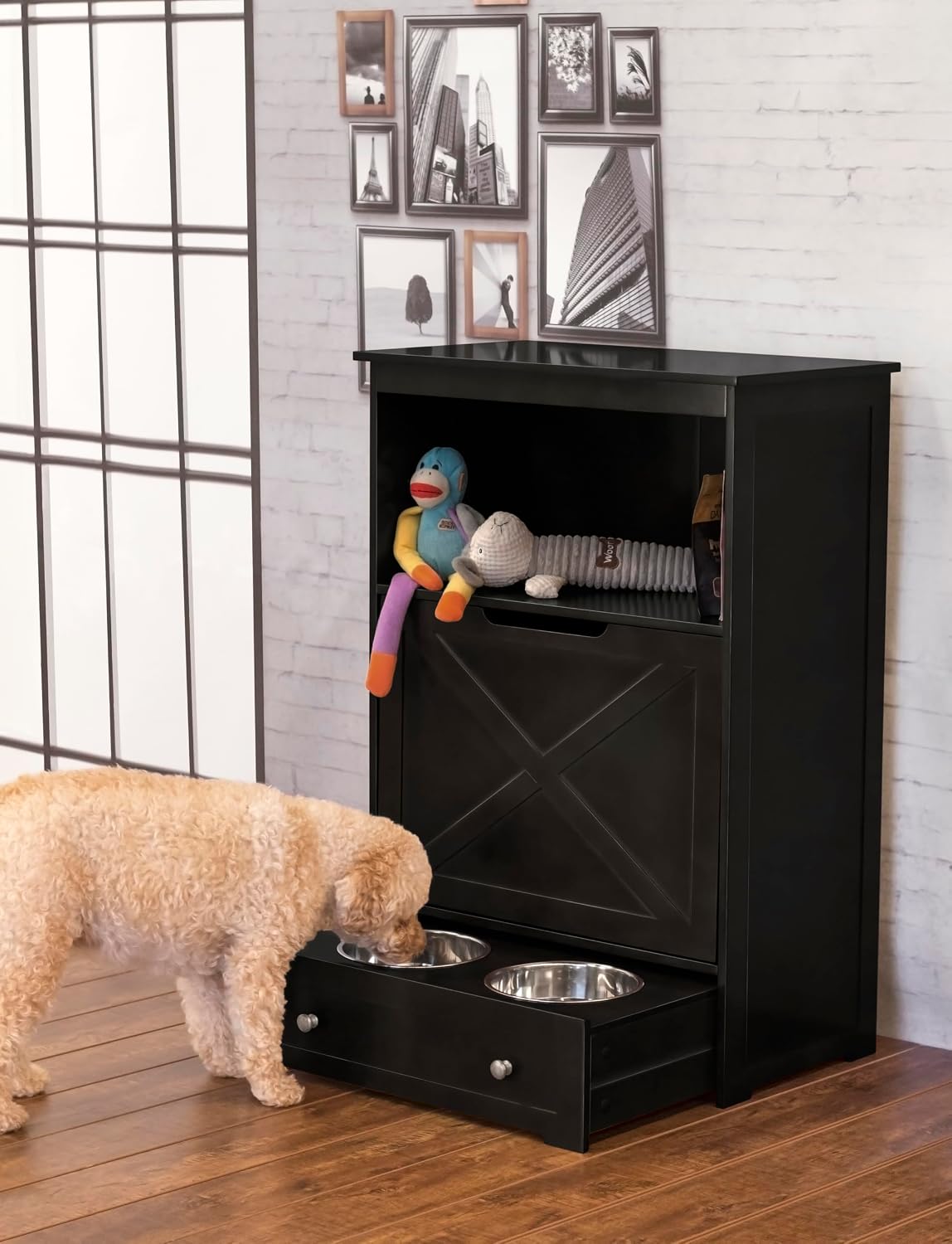zoovilla Pet Feeding Station Furniture with Storage, Stylish Pet Food Cabinet with 2 Pull-Out Elevated Bowls, Tilt-Out Open Shelf Storage with 3 Hangers, Black.