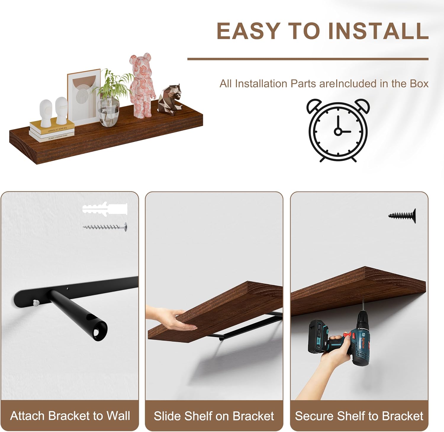 36-Inch Floating Shelves, Set of 3 Wall Mounted Storage Ledges, 12-Inch Deep Extra-Thick Solid Paulownia Wood Shelving for Kitchen, Living Room, Bedroom & Bathroom, Walnut Finish