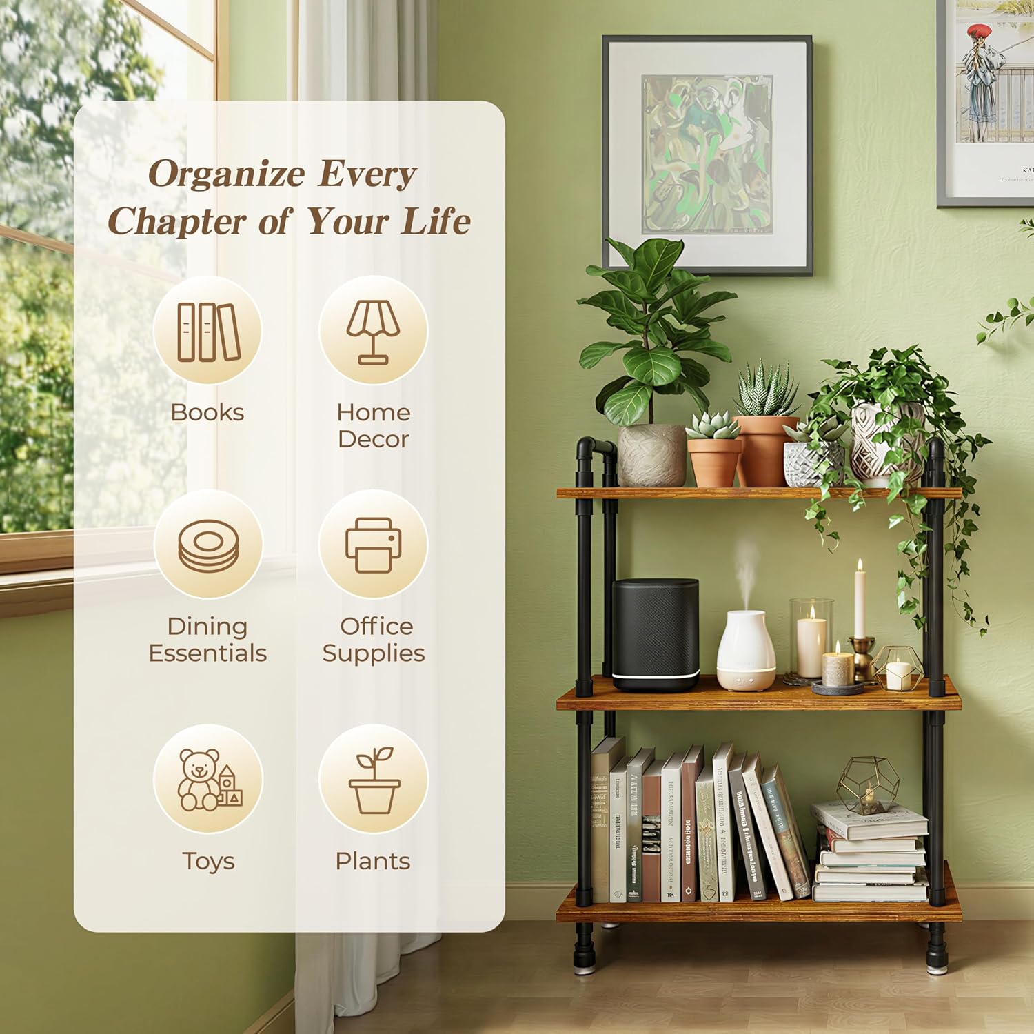 Industrial Bookshelf, Rustic Open Bookcase, 3 Tier Wood and Metal Bookshelves, Solid Pine Wood and Iron Pipe Storage Shelf Narrow Small Space Organizer for Living Room Office Bedroom Kitchen