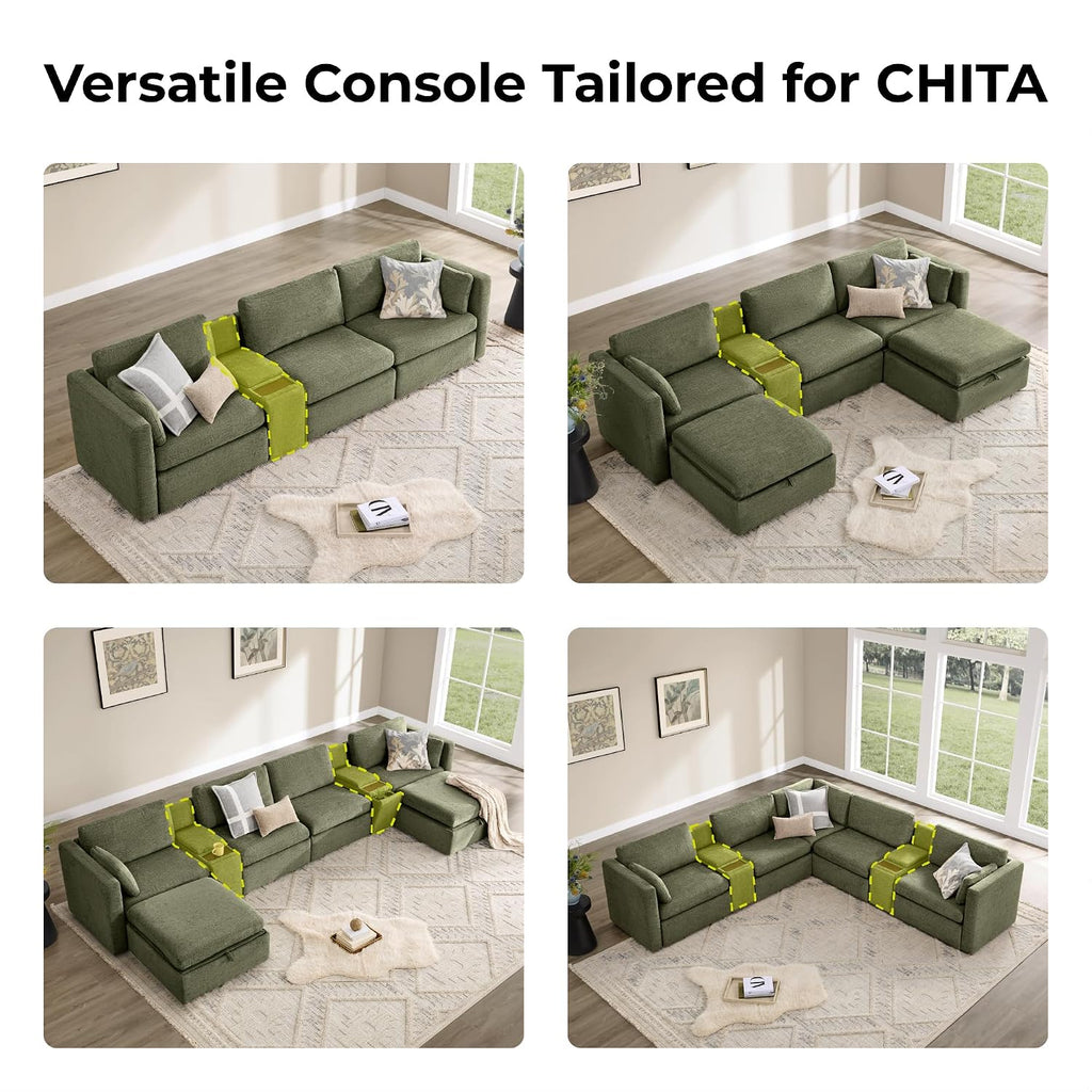 CHITA Versatile Storage Console for Modular Sofa, Multifunctional Side Table with Dual Cup Holders, Table, No Need Assembly,Moss Green