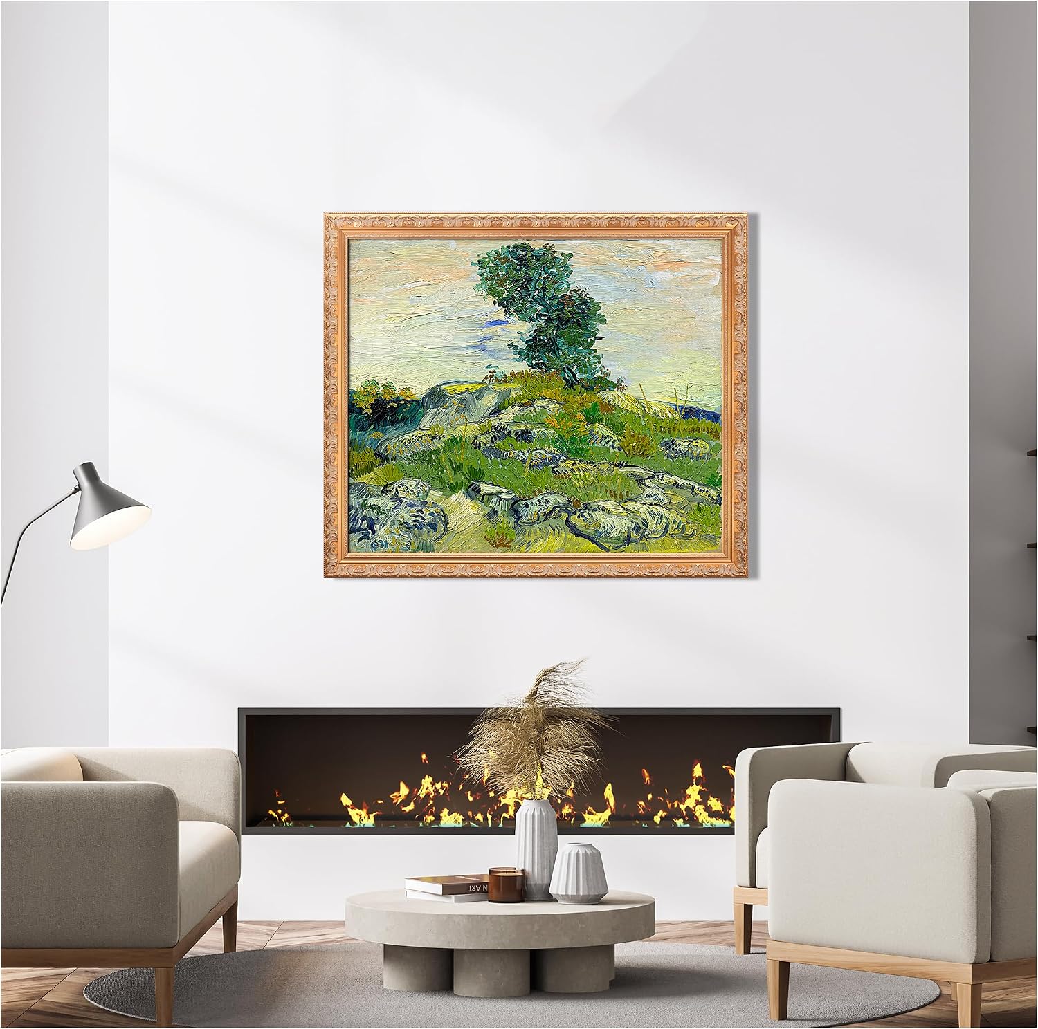 The Rocks by Vincent Van Gogh Solid Wooden Framed Size:40.5x34.5 inches,Image Size:36x30 inches,Golden Frame The World Classic Art Reproductions,Wall Art for Home Decor