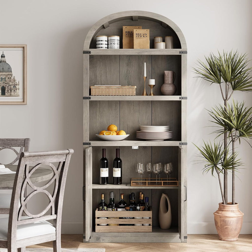GarveeHome Bookcase with Doors Arched Bookshelf 71.65 in Tall Bookcase Farmhouse Cabinet with Shelves Wooden Bookshelves for Home Office, Living Room (Grey)