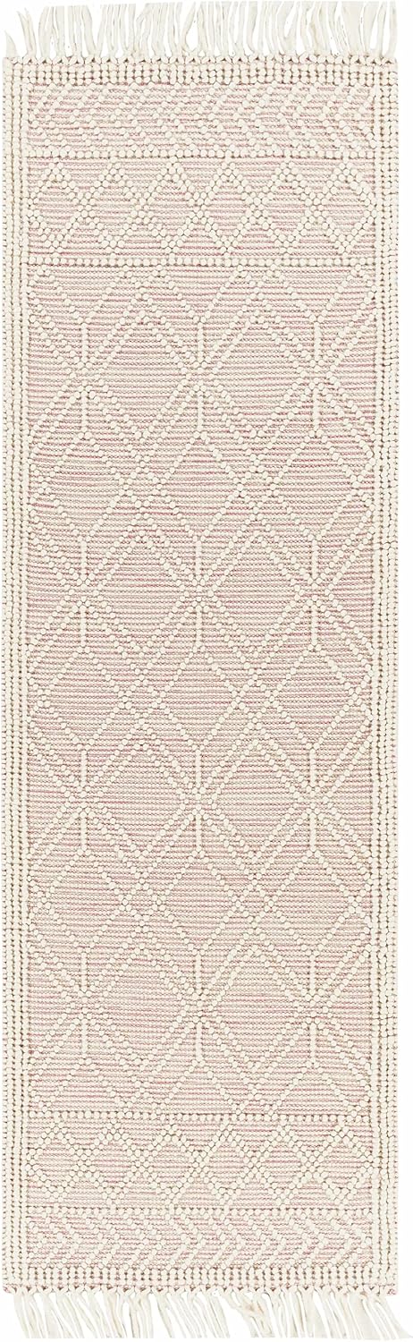 BoutiqueRugs Pink Trellis Transitional Wool 10ft Runner Rug Hand Woven Ivory Diamond Traditional Ramsbury Hallway Kitchen Corridor Stairway Laundry Room 2'6' x 10' Stain Resistant Non-Shedding