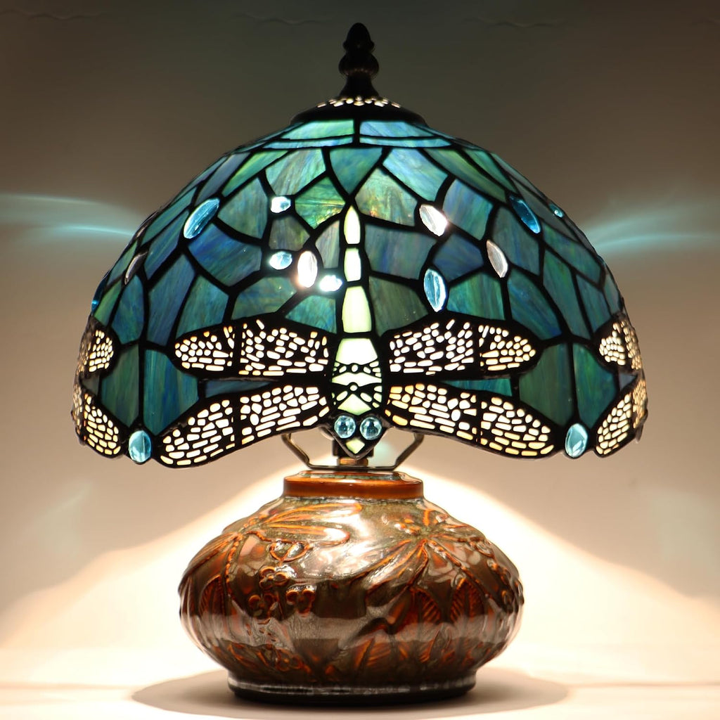 Small Tiffany Table Lamp, 10X10X11 Inch Mini Stained Glass Mushroom Desk Light Memory Sympathy Ceramic lamp (Sea Blue Dragonfly Style)