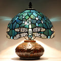 Small Tiffany Table Lamp, 10X10X11 Inch Mini Stained Glass Mushroom Desk Light Memory Sympathy Ceramic lamp (Sea Blue Dragonfly Style)