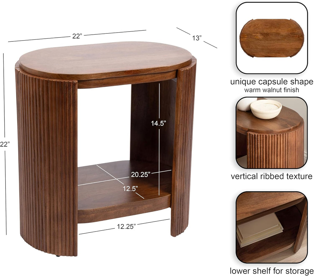 Kate and Laurel Cakora Modern Capsule Ribbed Mango Wood Side Table, 22 x 13 x 22, Walnut Brown, Mid-Century Decorative Two-Tier End Table for Use as a Bedroom Nightstand or Living Room Plant Stand