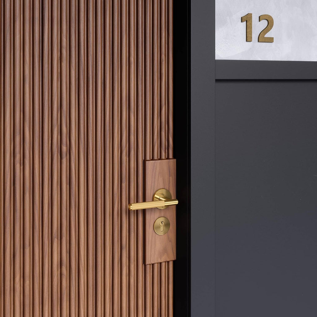 Buster and Punch Door Handle Set Privacy Linear Knurl Brass