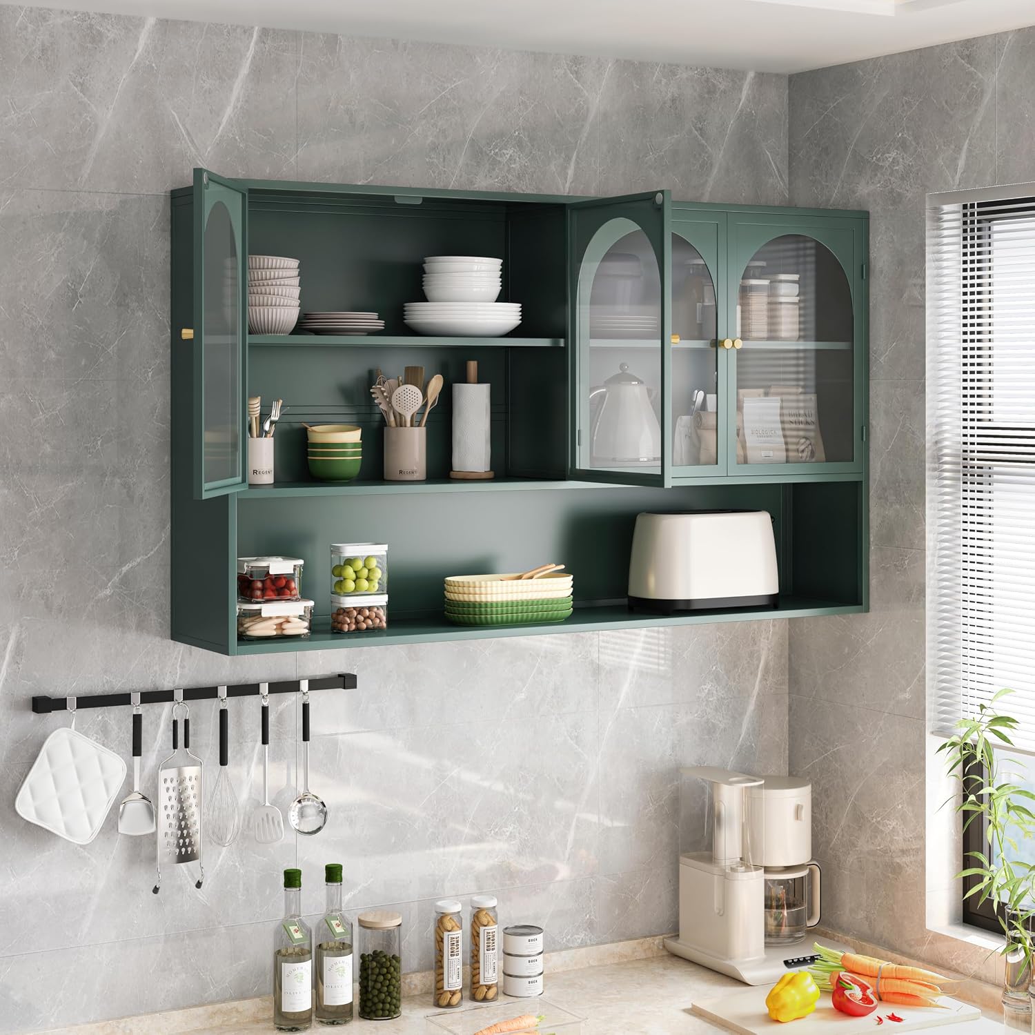Retro Style Tempering Glass Door Wall Cabinet with Detachable Shelves and Open Shelves，for Office Dining Room,Living Room, Kitchen and Bathroom Dark Green