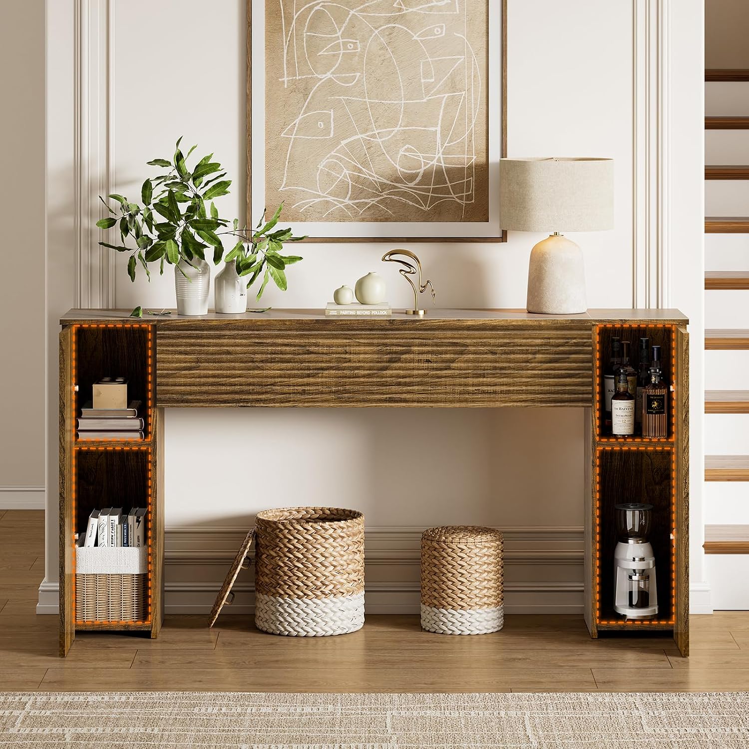 FABATO 61'' Fluted Long Console Table, Wooden Rectangular Sofa Table Behind The Couch, Narrow Entryway Table with 2 Hidden Storage Cabinets for Entrance, Hallway, Living Room, Foyer, Brown