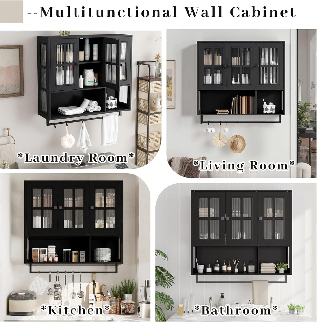 Polibi Wall Cabinet with Fluted Glass, Modern Wall-Mounted Storage with Towel Bar, Removable Shelves, Minimalist Design for Entryway Living Room Bathroom Dining Room, Easy Assembly, Black