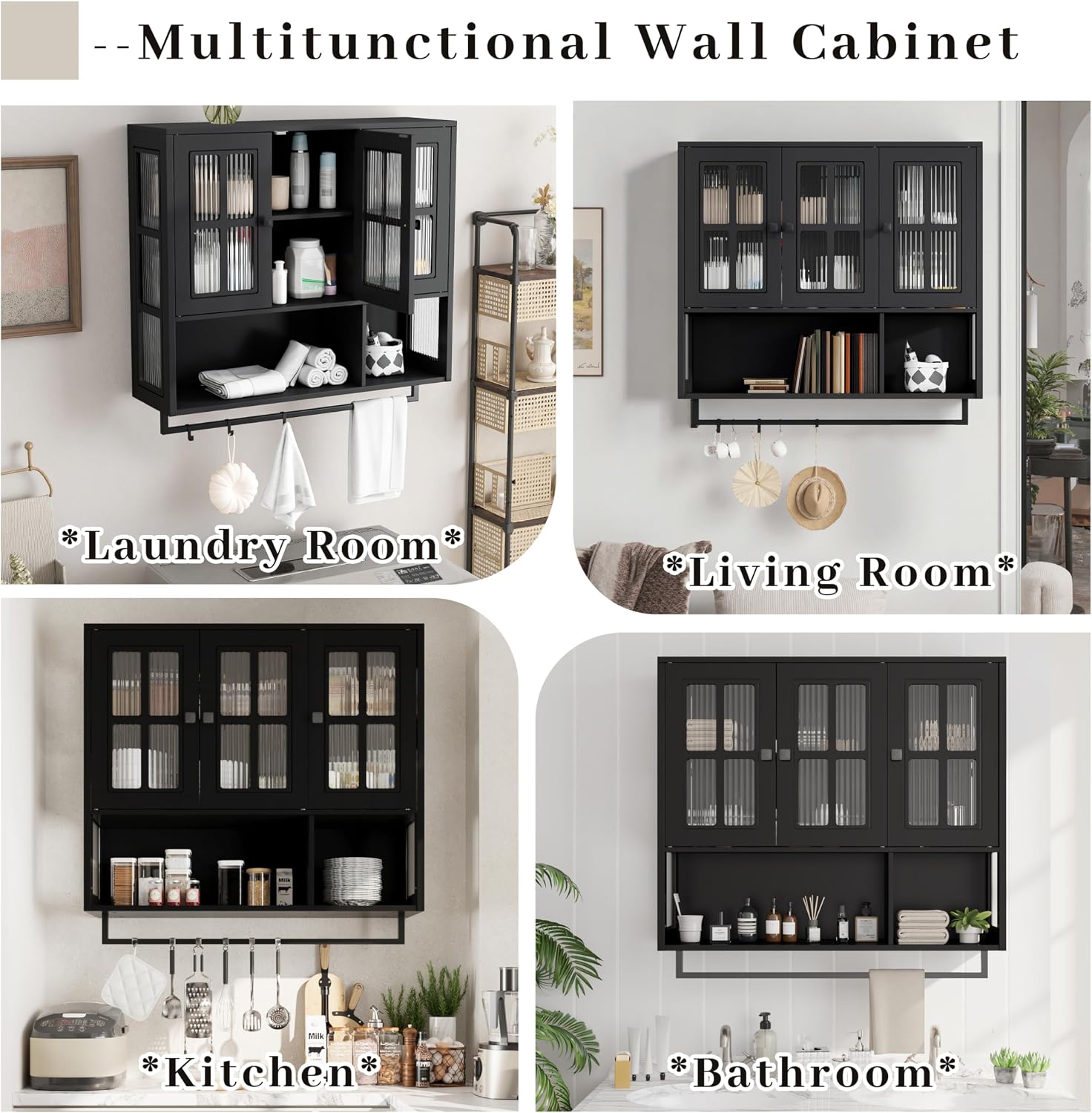 Polibi Wall Cabinet with Fluted Glass, Modern Wall-Mounted Storage with Towel Bar, Removable Shelves, Minimalist Design for Entryway Living Room Bathroom Dining Room, Easy Assembly, Black