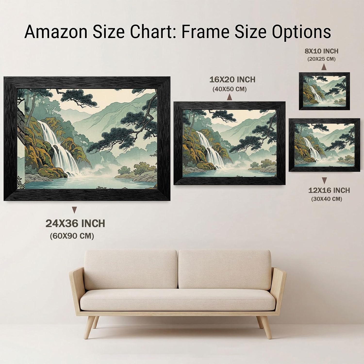 Framed Japanese Woodblock Style Waterfall Wall Art - Mist Forest Landscape in Premium Black Frame - Ready to Hang Nature Decor for Home and Office - 24x36 Inch