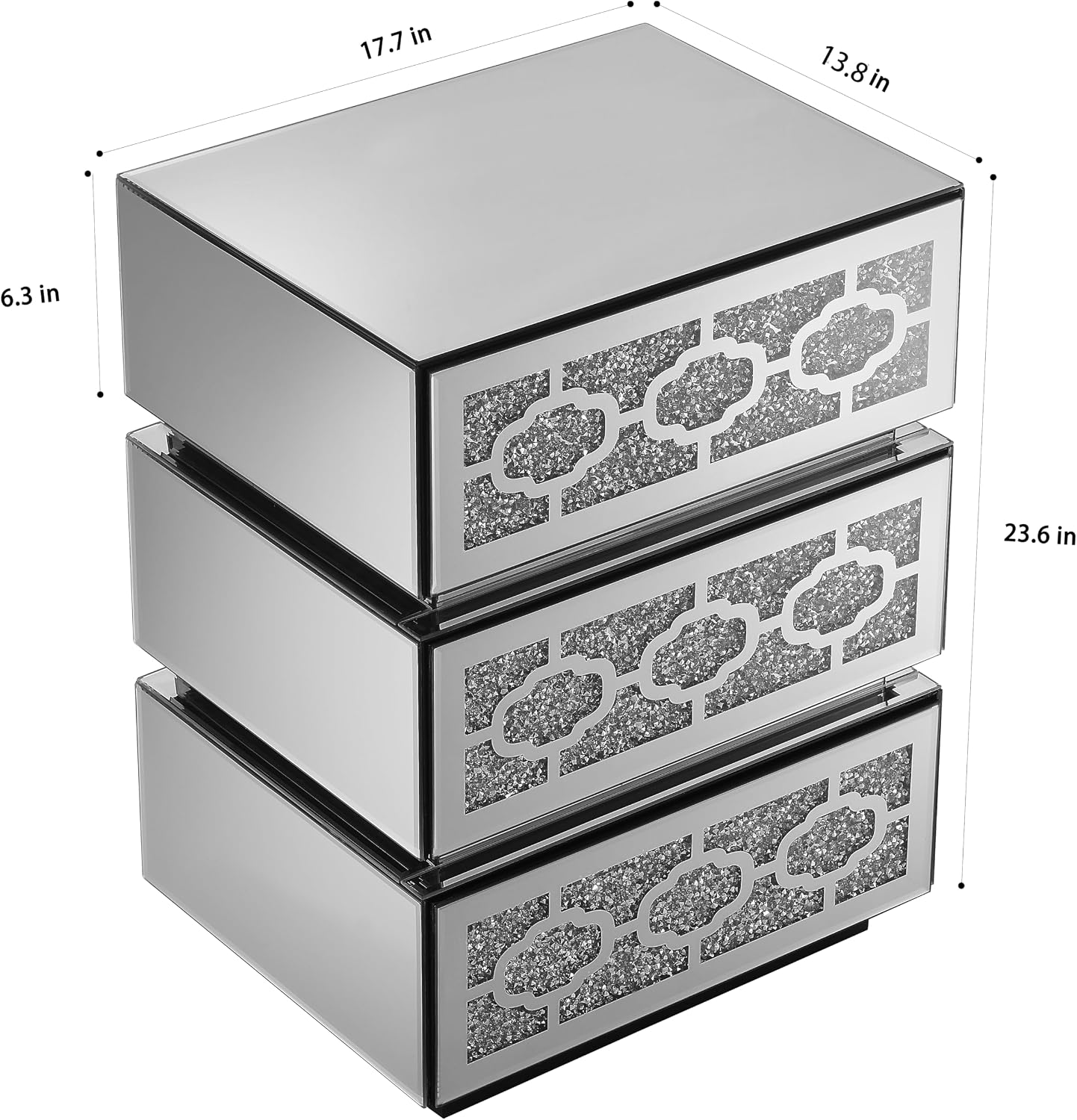 Mirrored Bedside Nightstand, Modern Side Table with 3 Drawers, Silver Accent End Table with Crushed Diamonds for Bedroom, Dorm and Living Room