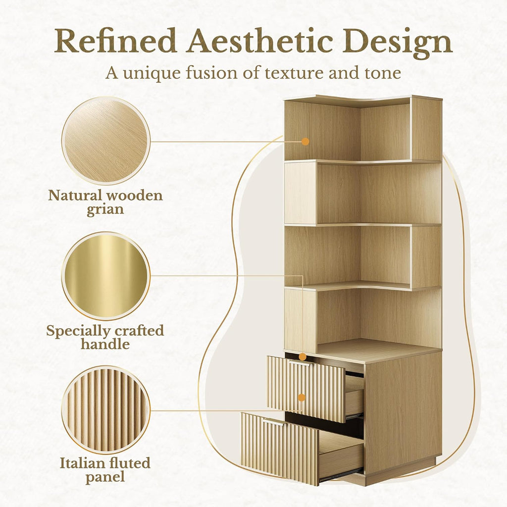 Corner Bookshelf with Drawers, 4 Tier Fluted Corner Bookcase with Storage, 71' Tall Bookcase with Storage Display Rack with Baffles for Home Office and Living Room, Light Walnut