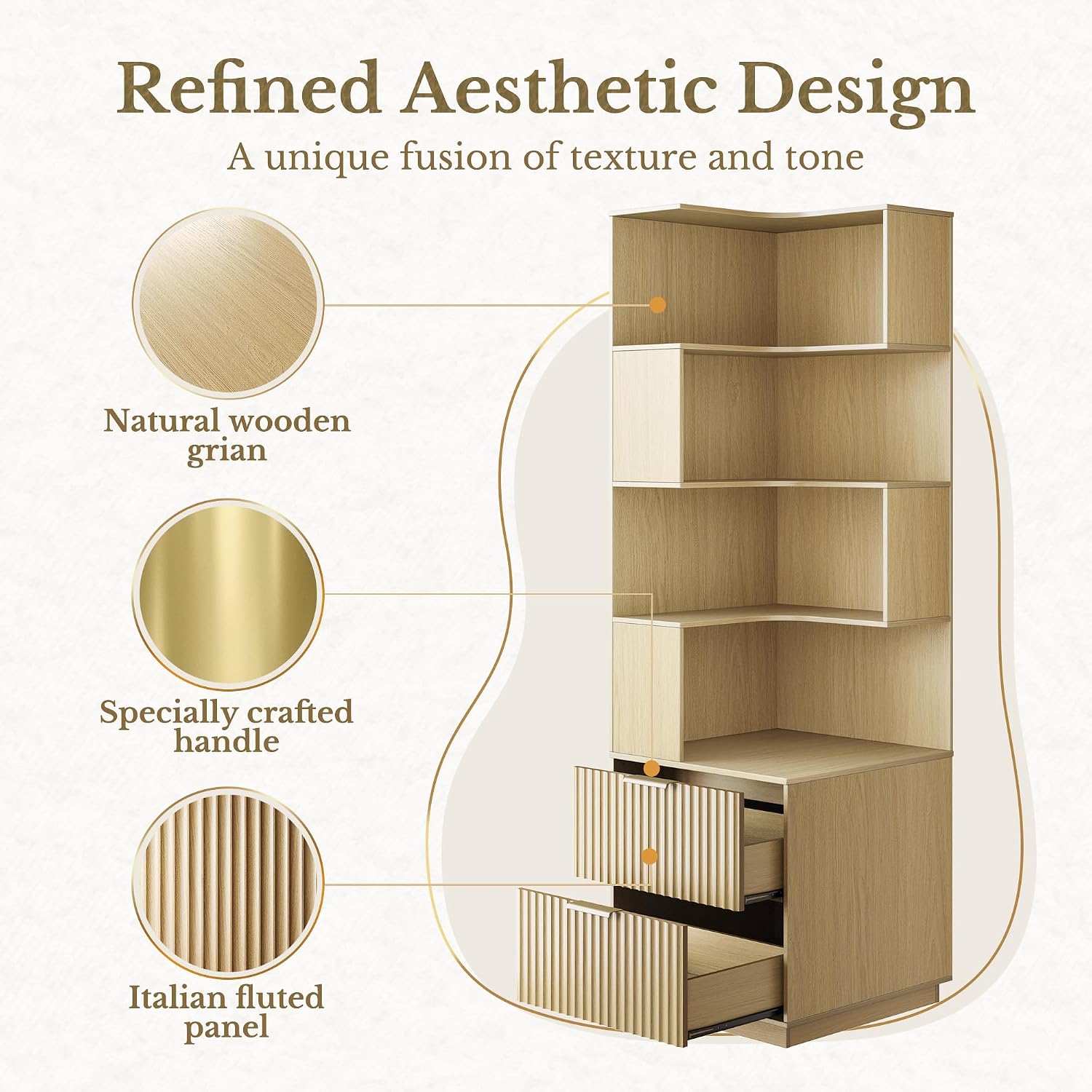 Corner Bookshelf with Drawers, 4 Tier Fluted Corner Bookcase with Storage, 71' Tall Bookcase with Storage Display Rack with Baffles for Home Office and Living Room, Light Walnut