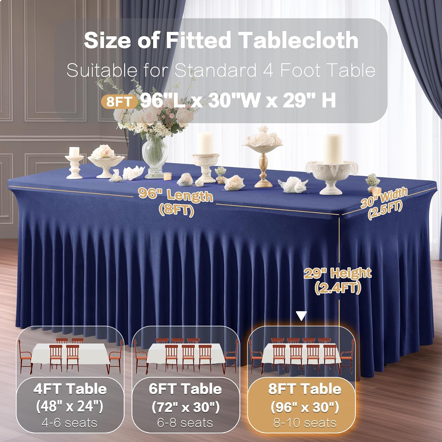 Shillance 6 Packs Navy Blue Spandex Tableclothes for 8 Foot Rectangle Table, Spandex Table Covers 8FT Stretch Table Skirts Wrinkle Free Fitted Tablecover for Event, Wedding, Banquet & Parties